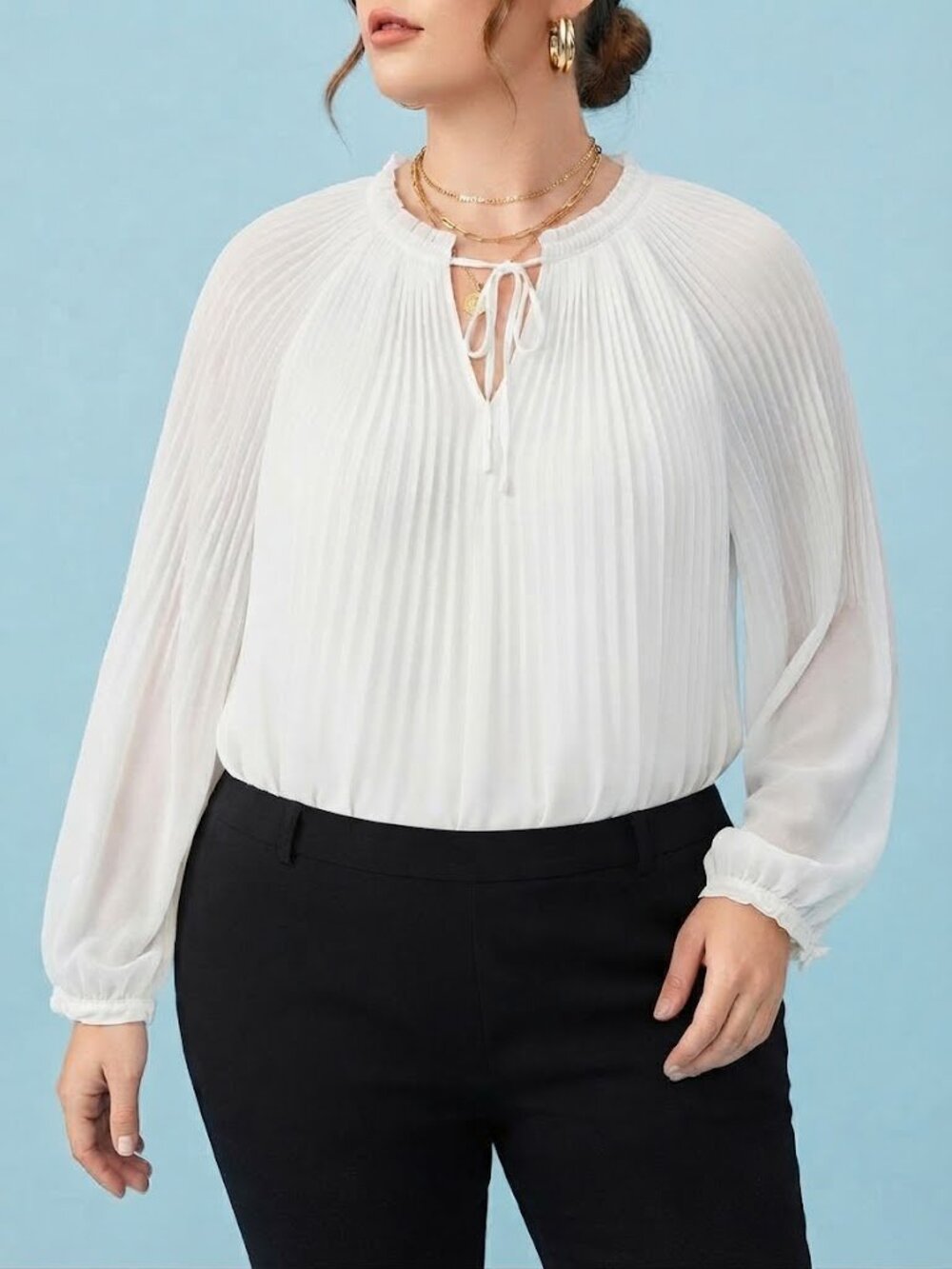 White Pleated Long-Sleeve Blouse